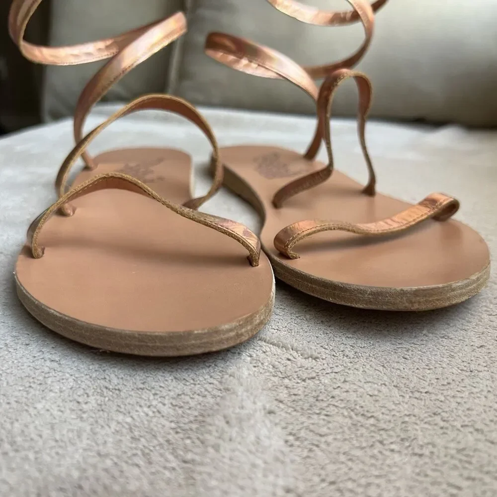 Ancient Greek Sandals Ofis Iridescent Copper Flat Sandal‎ EU 37 US 7 Ankle-Wrap